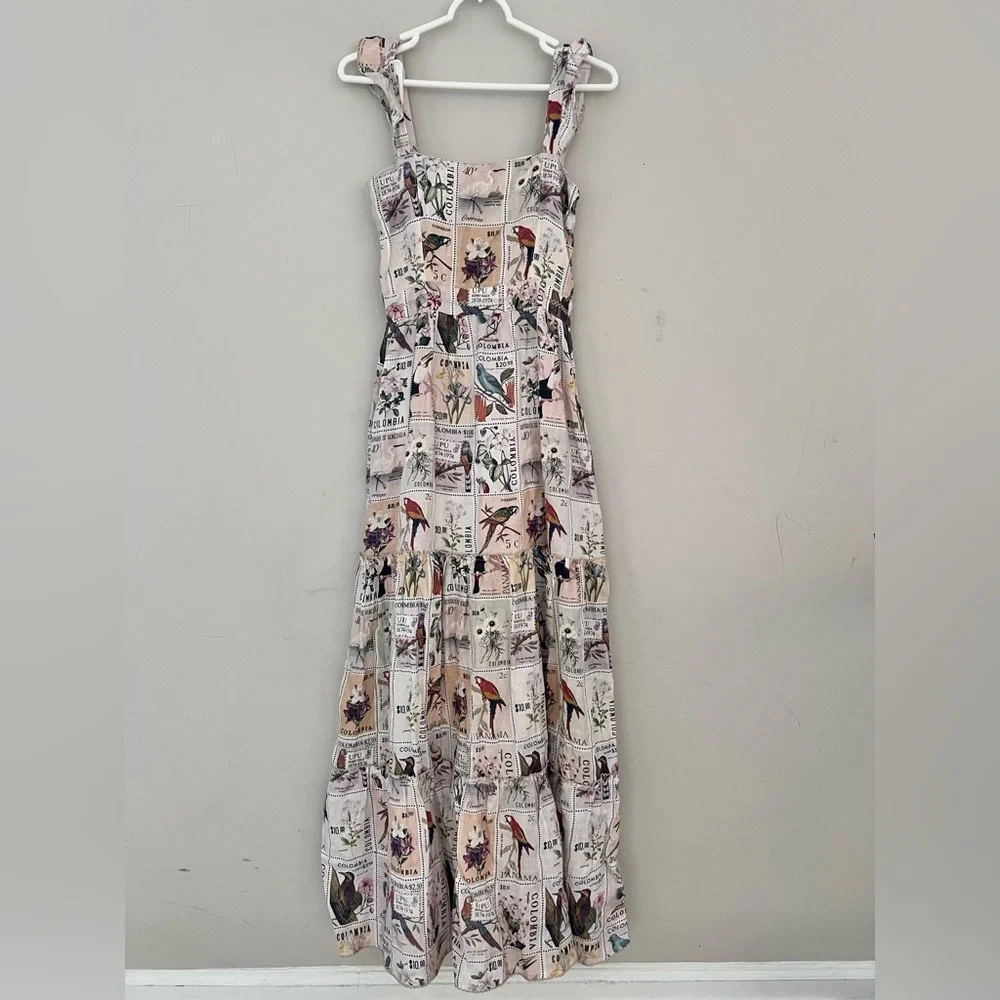 Agua Bendita Postage Stamp Linen Maxi Dress Size Small RARE
